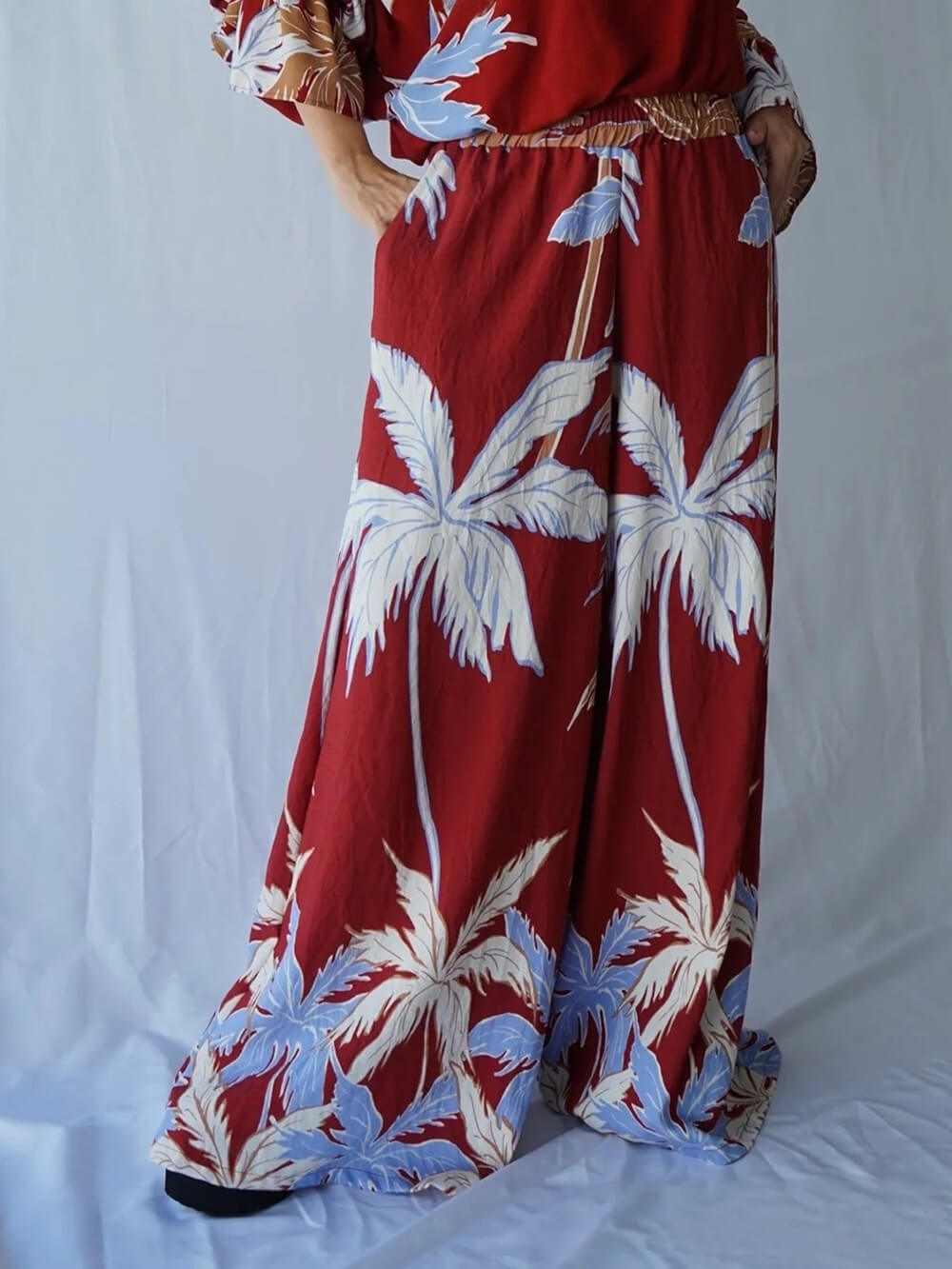 Fashion Casual Tropical Palm Tree Print Elastic Waist Wide-Leg Pants