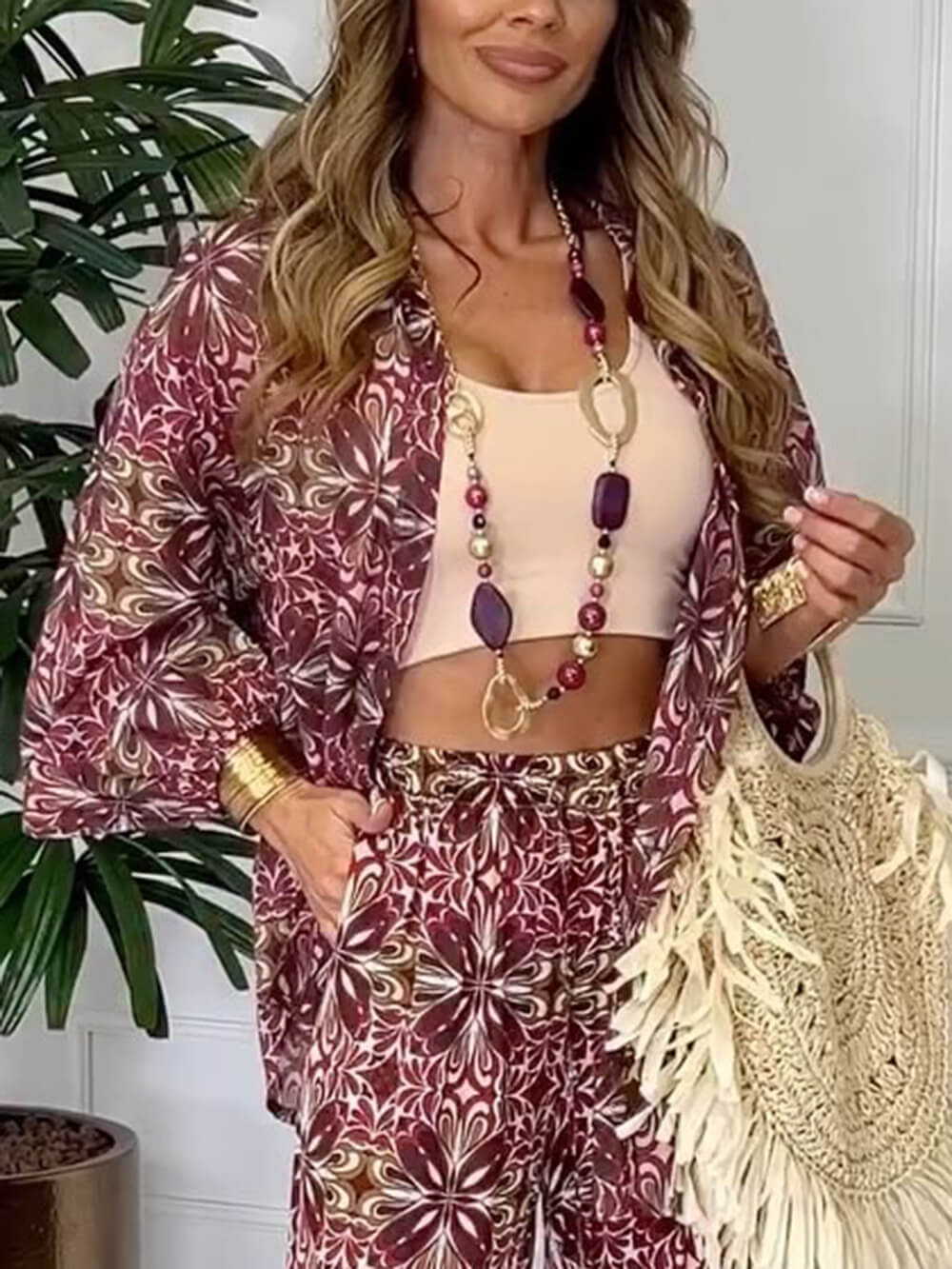 Unique Bold Floral Print Button-Up With Elastic Cuffs Oversized Shirt