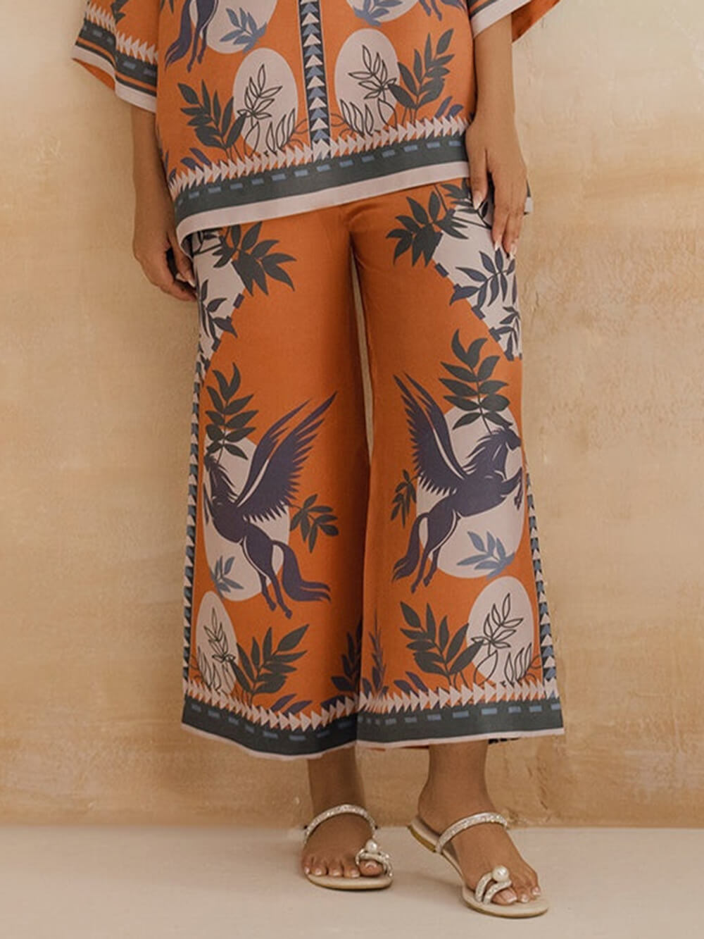 Retro Modern Floral Print Contrasting Stitching Elastic Waist Wide-Leg Pants