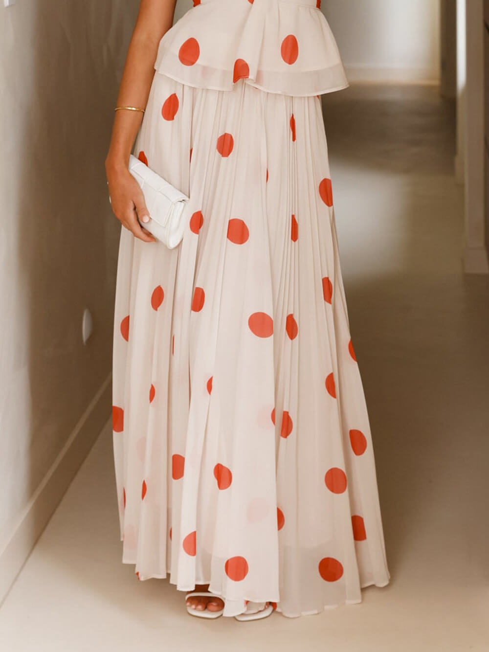 Delicate Red Polka Dot Print Ruffled Cross-Over Top