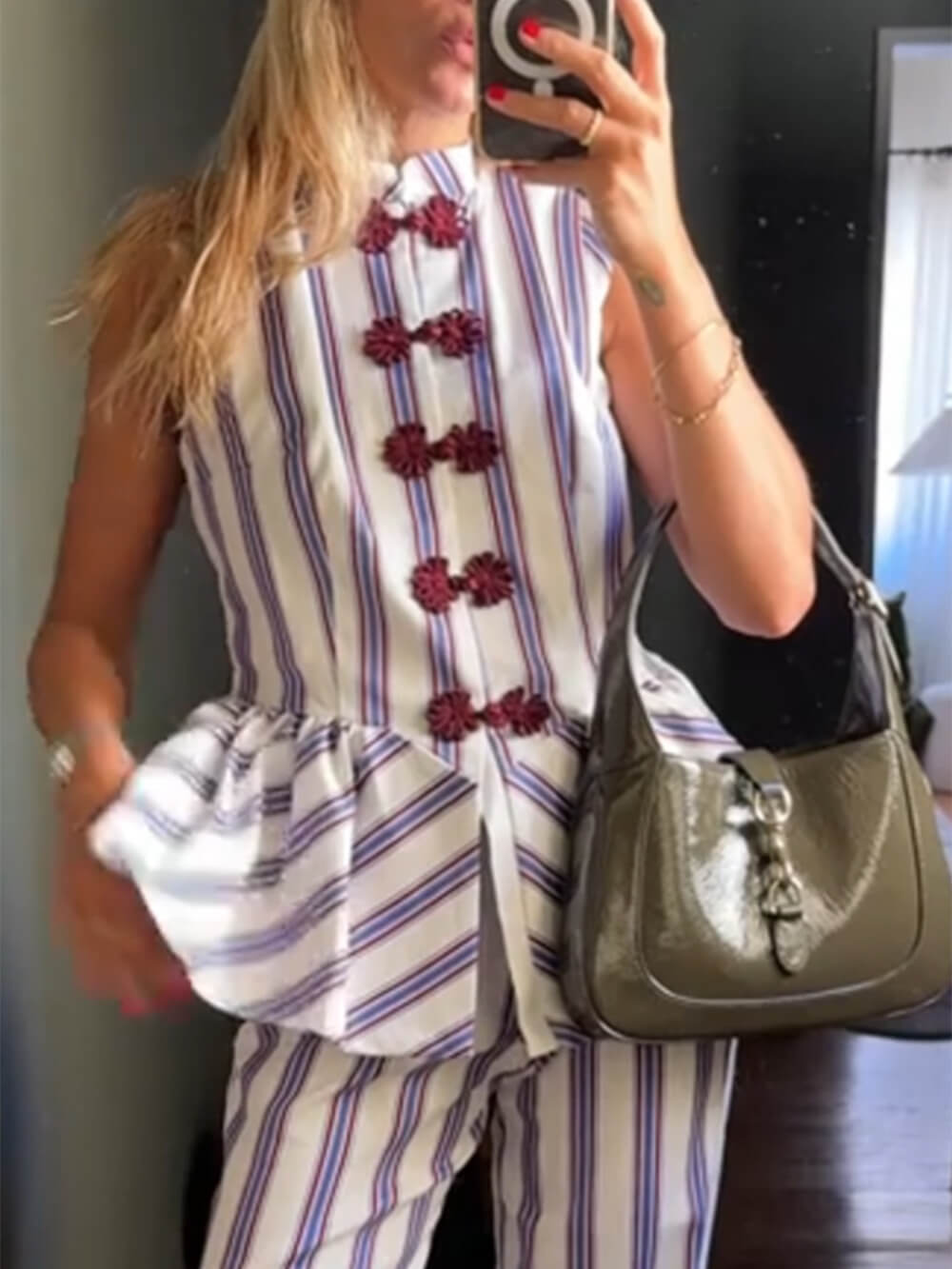 Retro Stripe Print Ruffle Knot Button Detail Tank Top