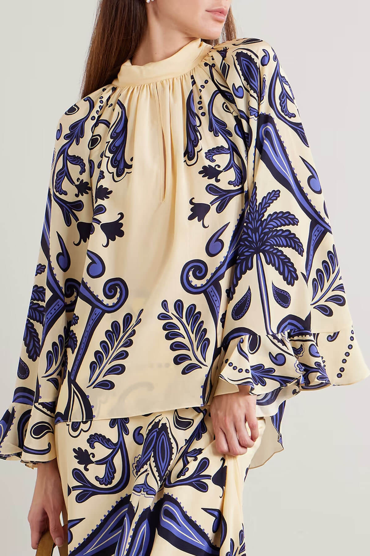 Exquisite Tie-Waisted Cutout Print Satin Loose-Fit Shirt