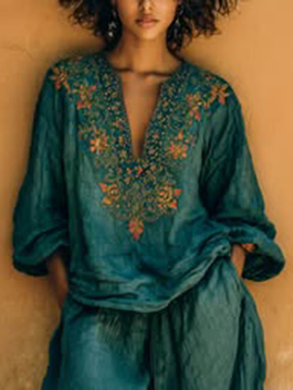 Boho Print Cotton Linen V-Neck Loose Shirt