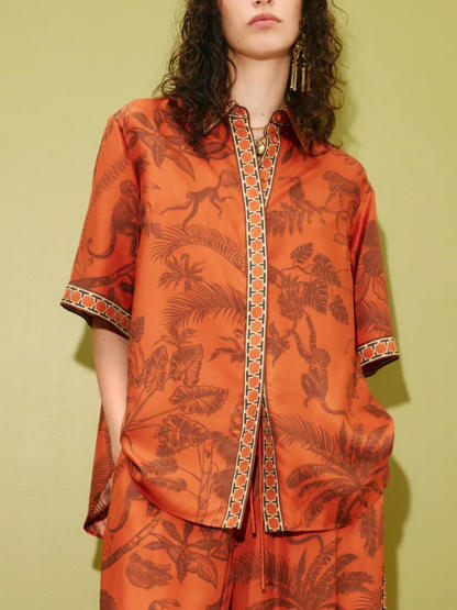 Unique Animal Print Satin Back-Slit Tie Shirt And Elastic-Waist Pocket Wide-Leg Pants Set