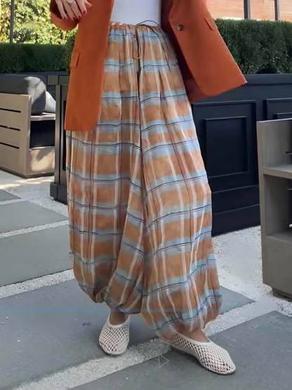 Unique Plaid Print Elastic Waist Tapered Lantern Pants