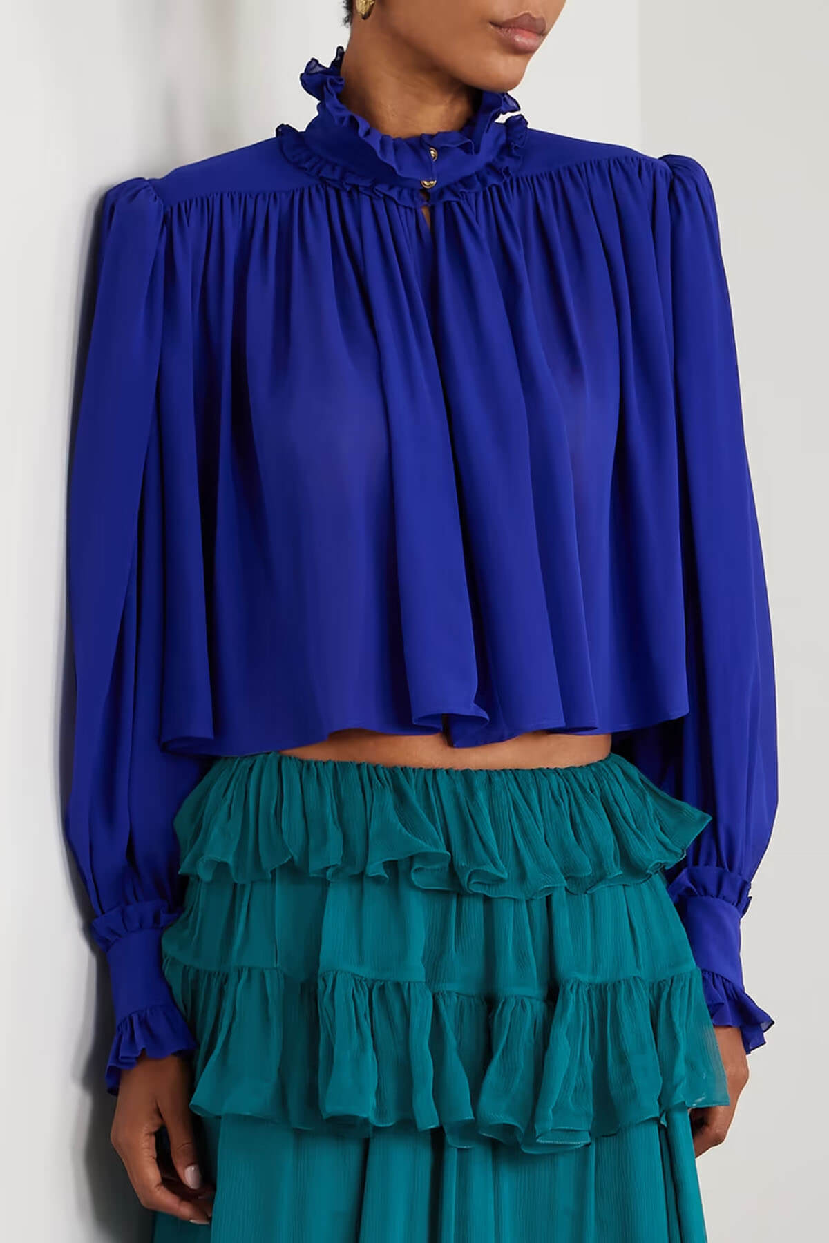 Exquisite High-Neck Ruffle Pleated Chiffon Loose Blouse
