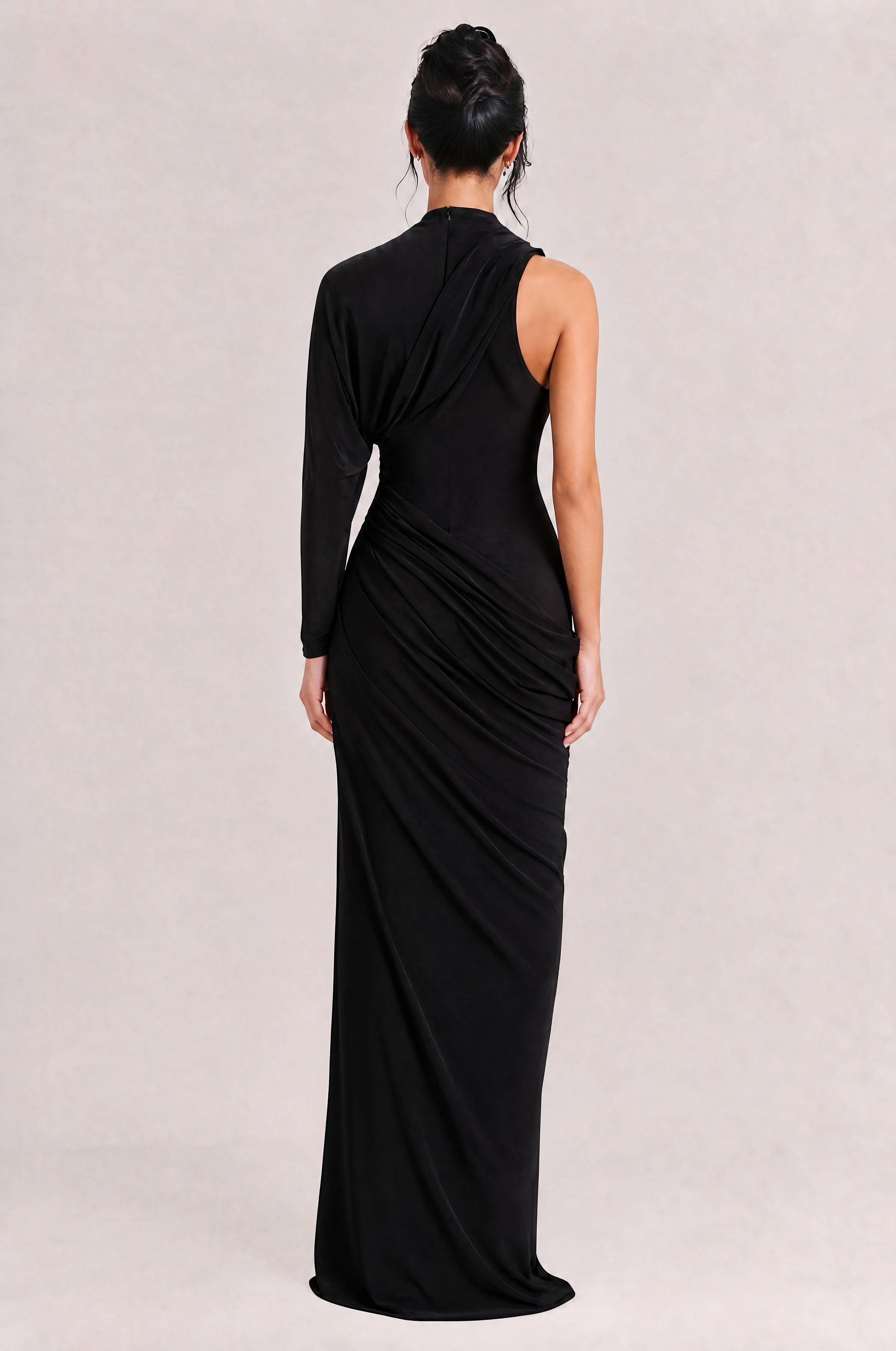Elegant Asymmetrical One-Sleeve Draped Maxi Dress