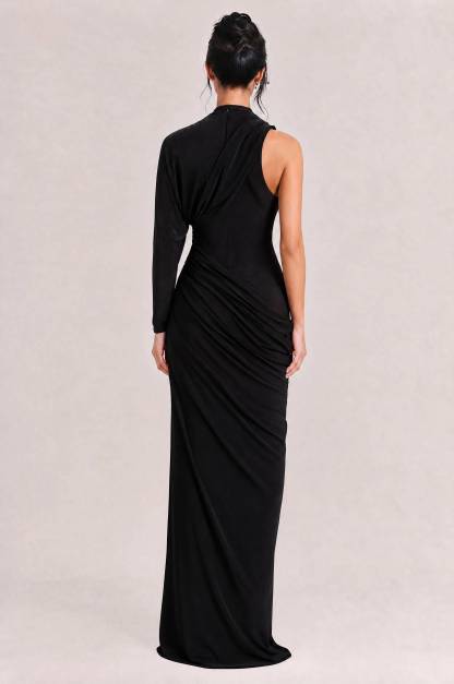 Elegant Asymmetrical One-Sleeve Draped Maxi Dress