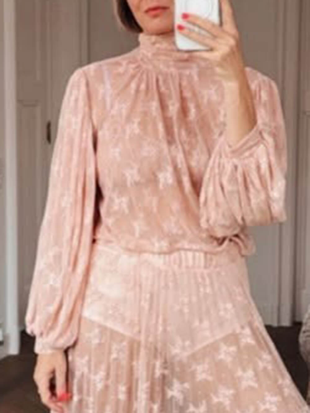 Elegant Mesh Pleated Lace High-Neck Blouse