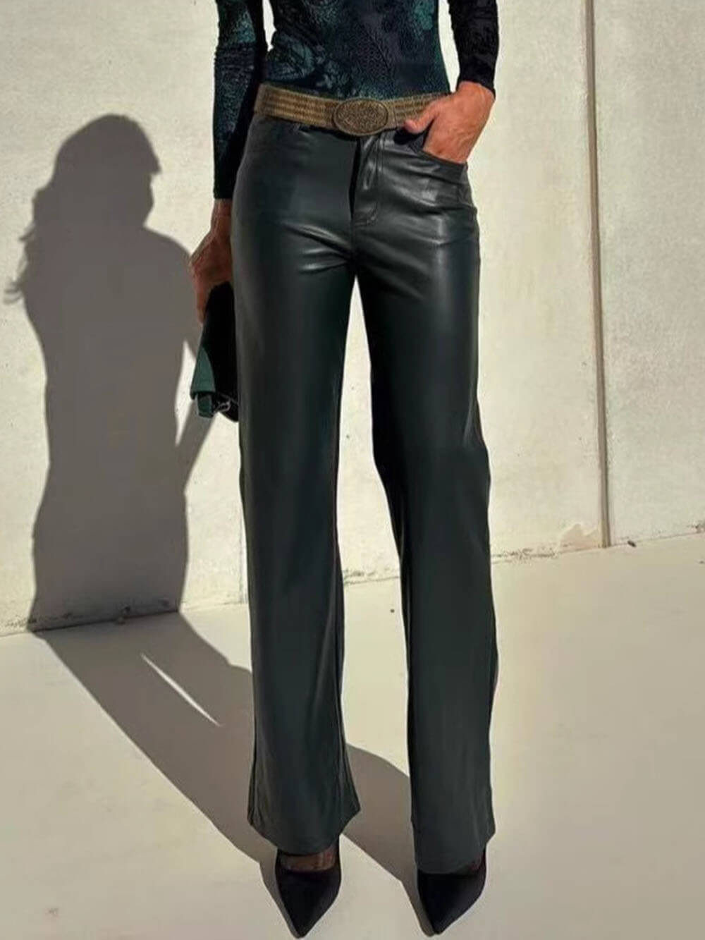 Casual Draped High-Rise Straight-Leg Leather Pants