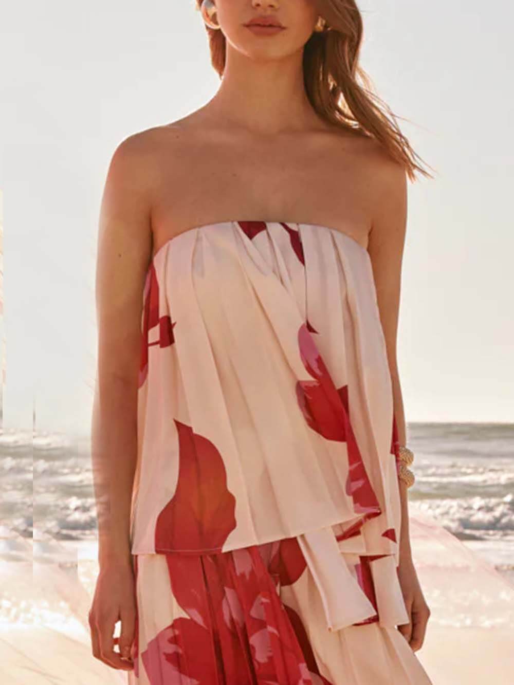 Elegant Printed Satin Ruched Strapless Top