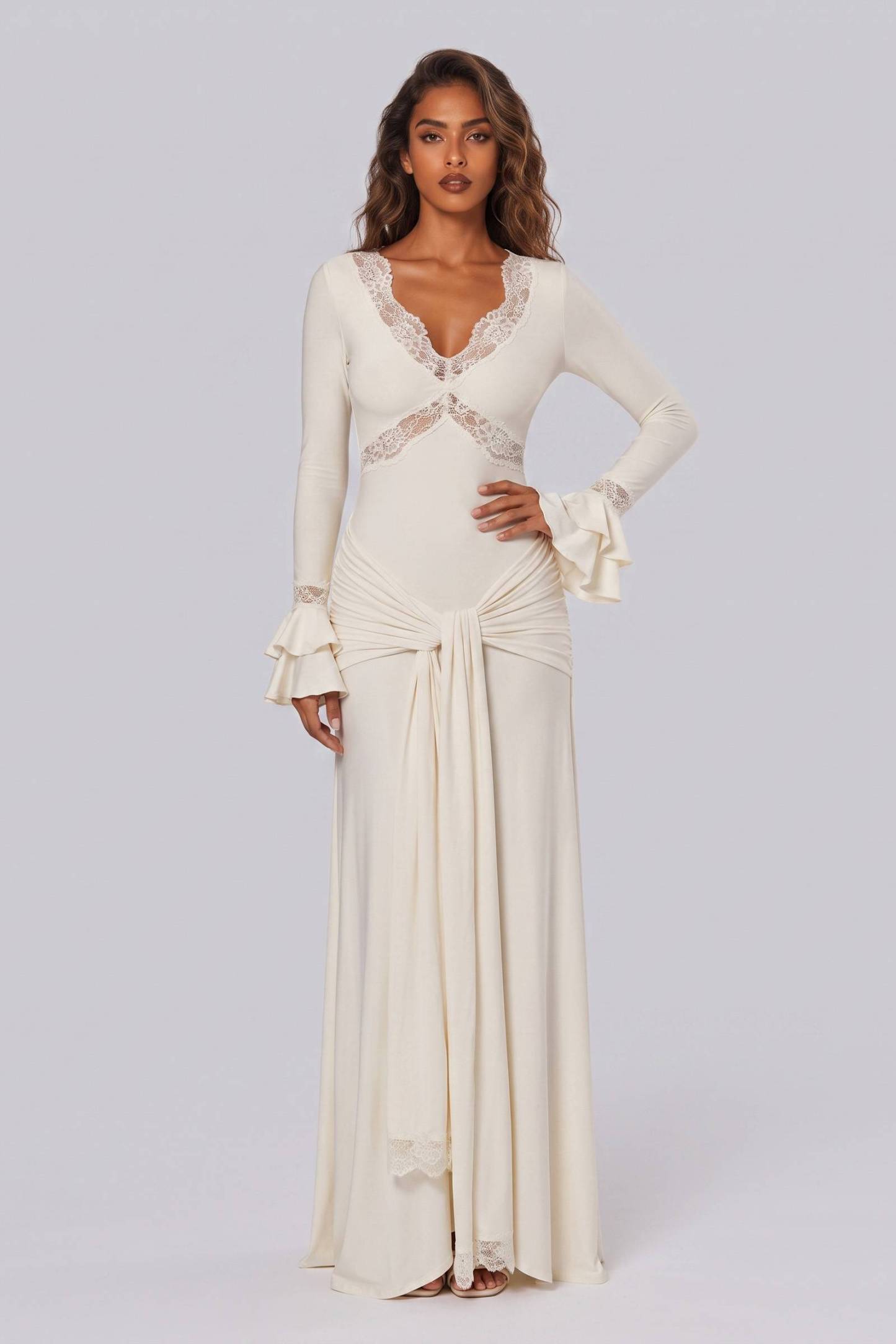 Tight Waist Lace Trim Horn Sleeve Long Dress