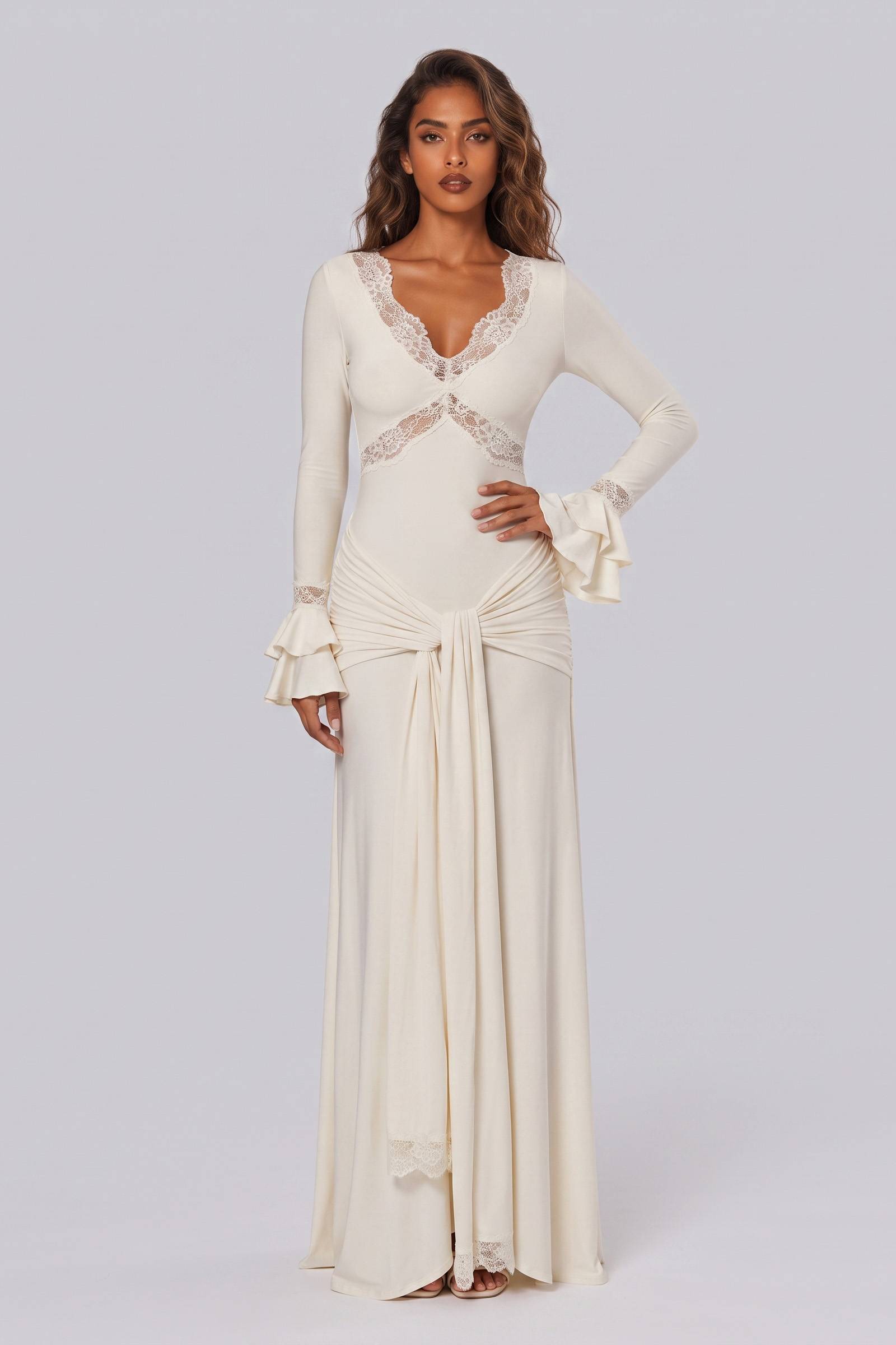 Tight Waist Lace Trim Horn Sleeve Long Dress