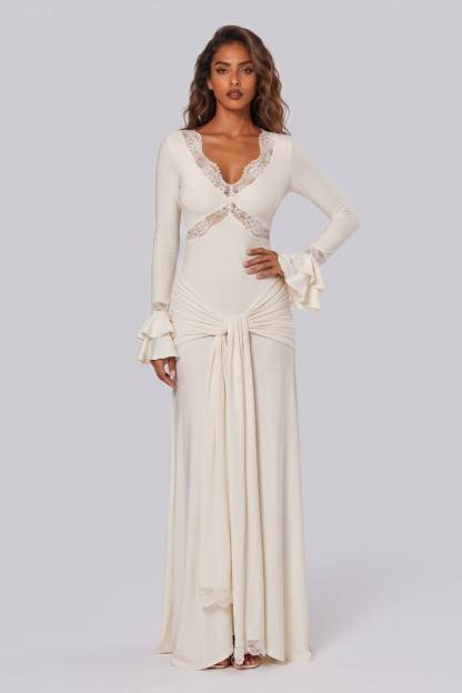 Tight Waist Lace Trim Horn Sleeve Long Dress