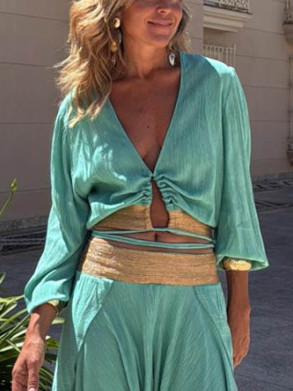 Unique V-Neck With Gold Trim Elasticated Back Waistband Shirt