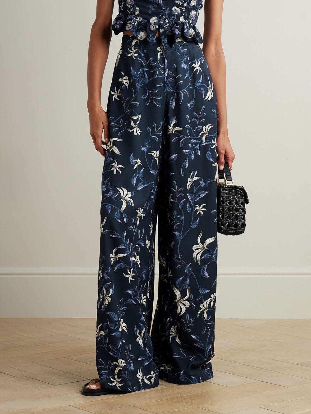 Delicate Floral Print Satin Twill Wide-Leg Pants