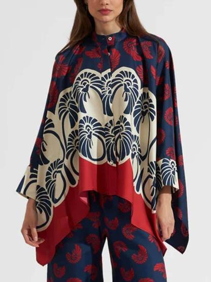 Unique Irregular Print Patchwork Oversized Button-Down Shirt
