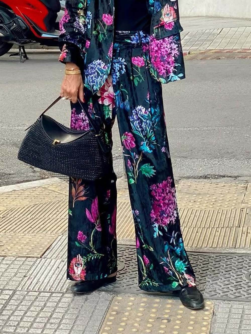 Retro Floral Print Elastic Waist Pocket Wide-Leg Pants