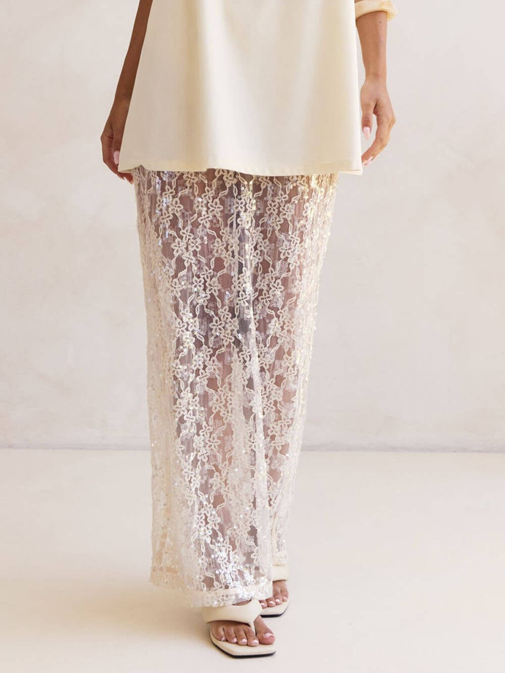 Elegant Sheer Sequin Lace High-Waist Maxi Skirt