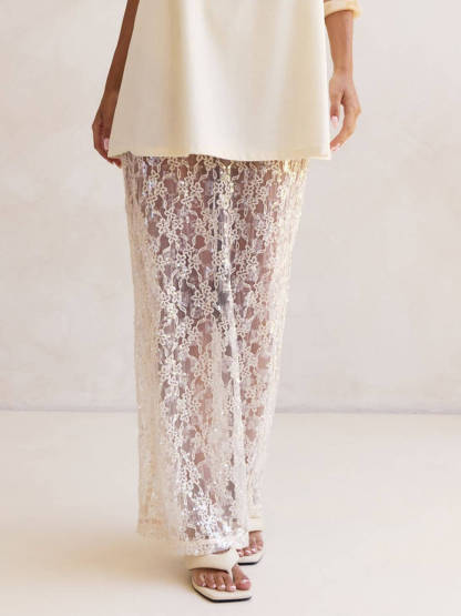 Elegant Sheer Sequin Lace High-Waist Maxi Skirt