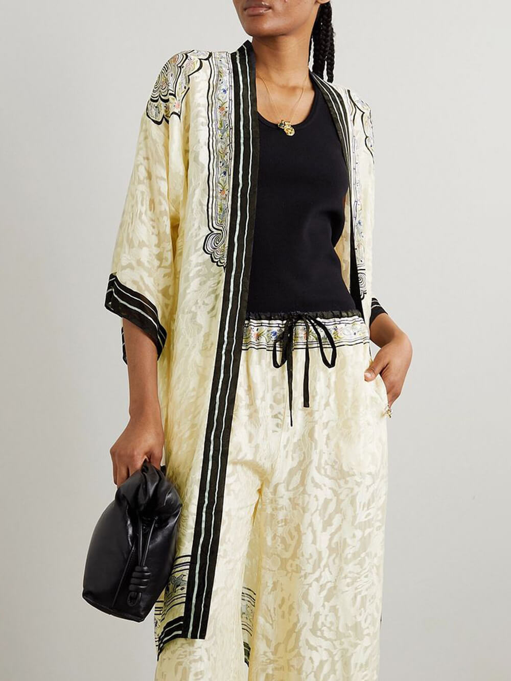 Unique Print Satin Lace-Up Ealastic Waist Wide-Leg Pants