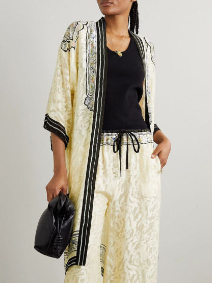 Unique Print Satin Lace-Up Ealastic Waist Wide-Leg Pants