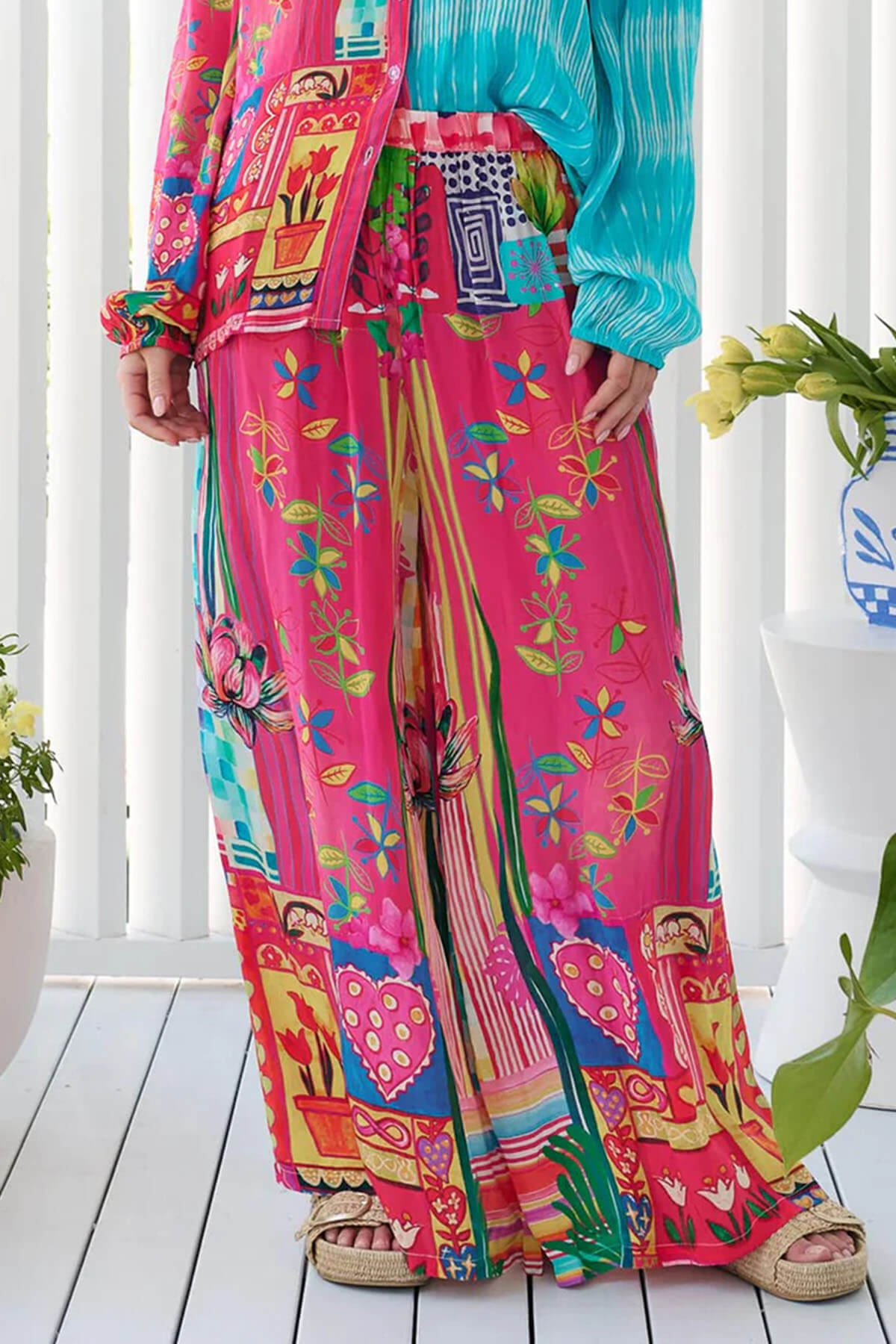 Unique Floral Print Elastic Waist Wide-Leg Pants