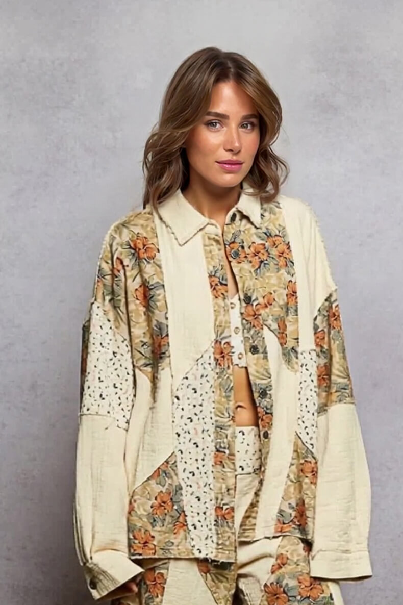 Bohemian Floral Patchwork Loose Button-Down Top