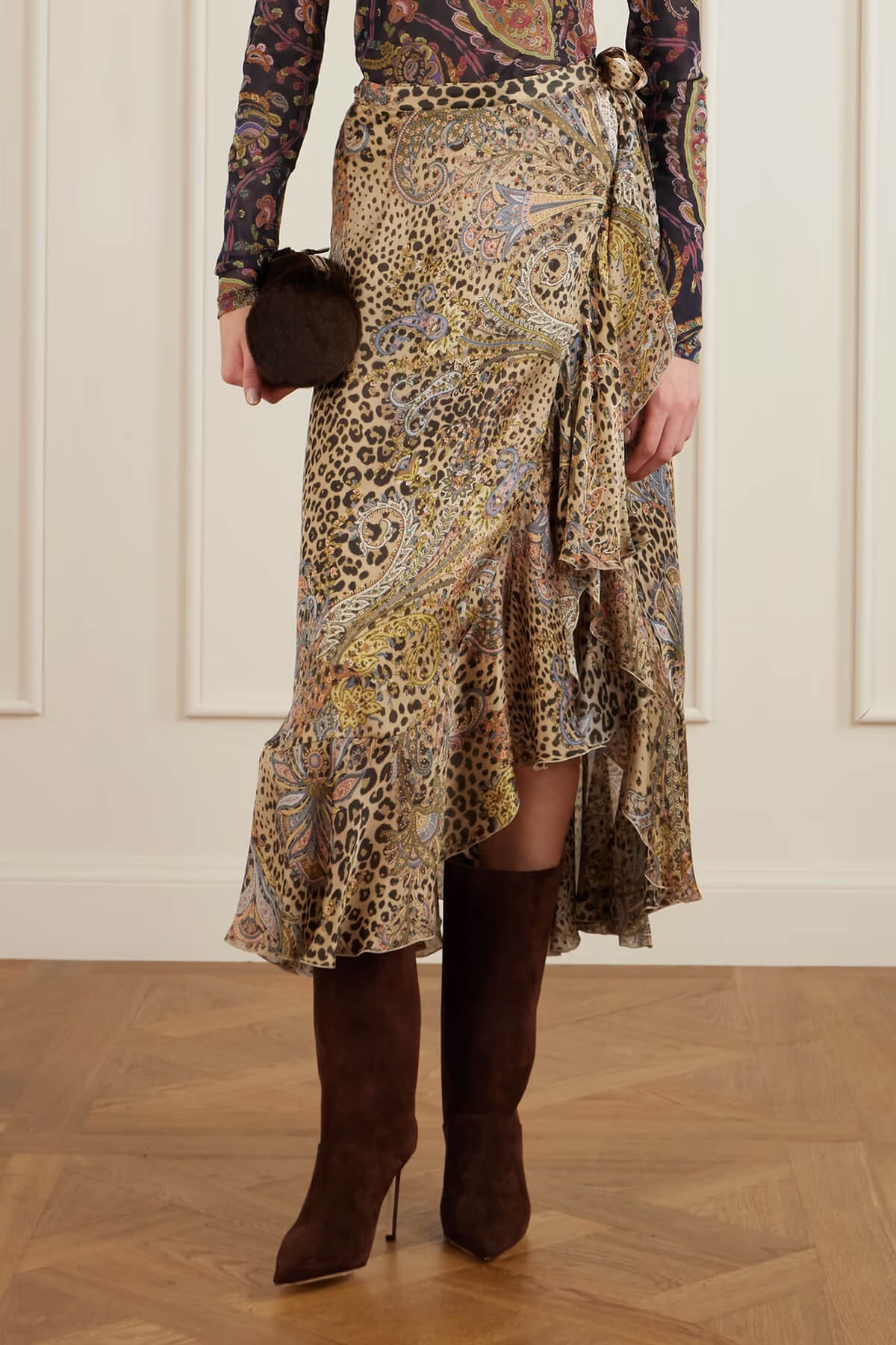 Unique Ruffled Leopard Print Paisley Satin Wrap Midi Skirt