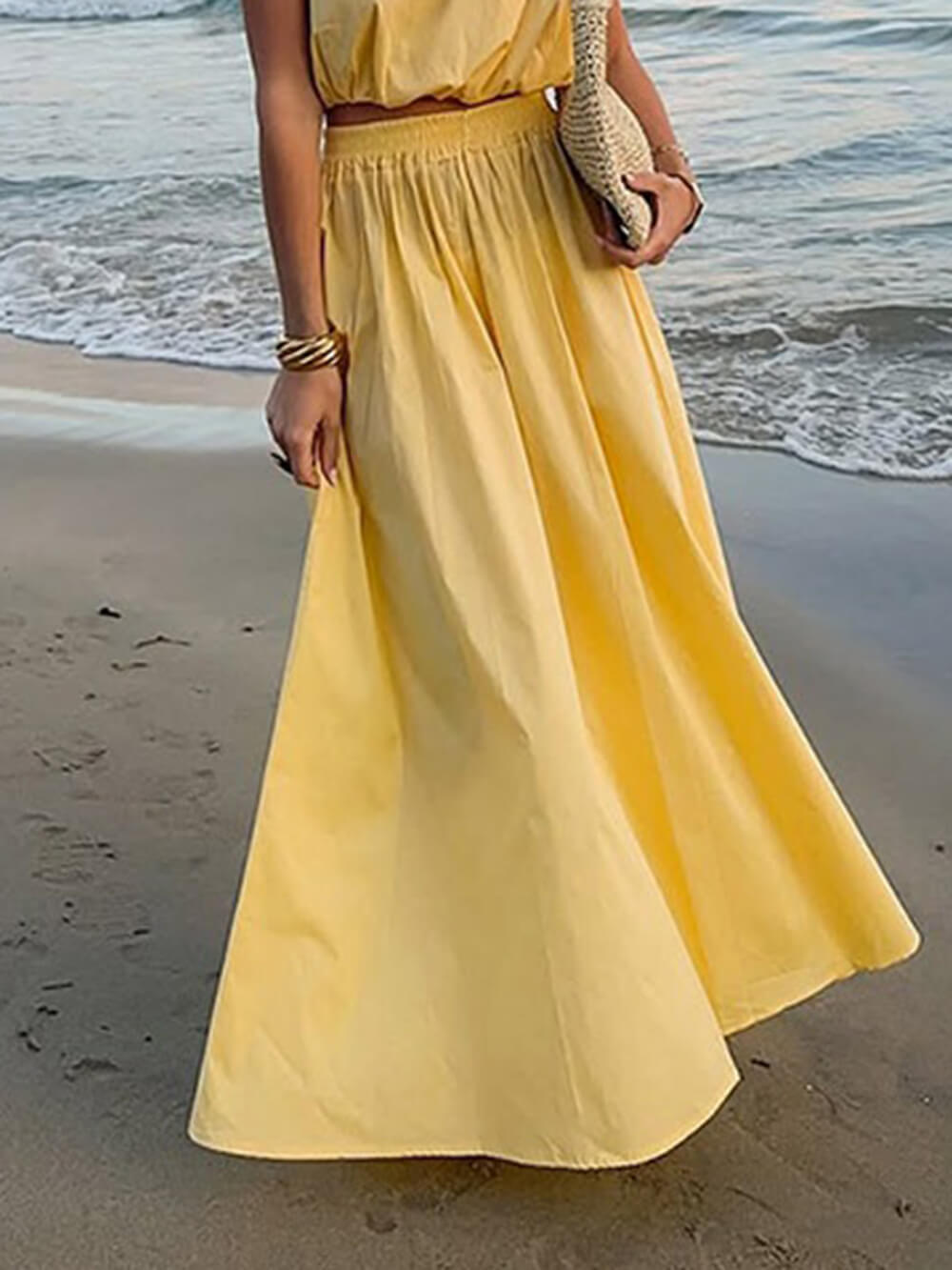 Elegant Solid Ruched High-Waist Maxi Skirt