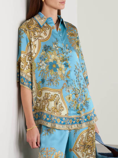 Unique Casual Floral Print Satin Loose Button-Up Shirt