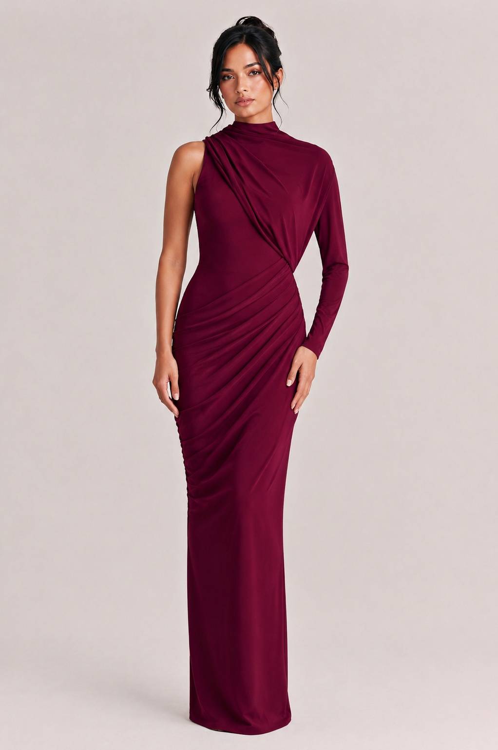 Elegant Asymmetrical One-Sleeve Draped Maxi Dress