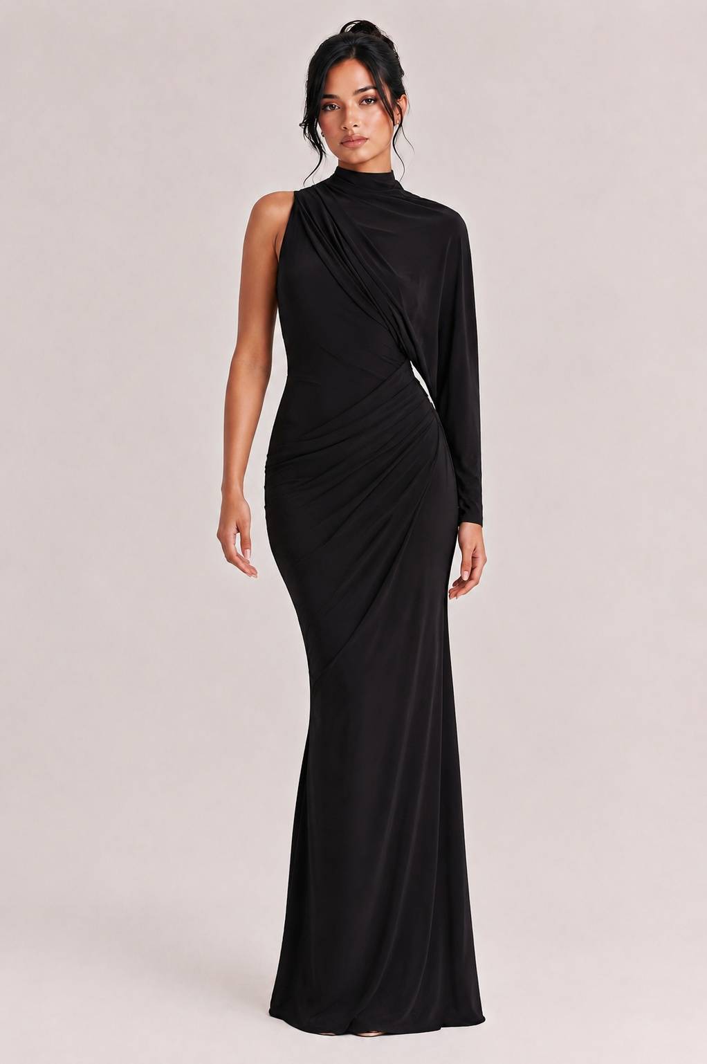 Elegant Asymmetrical One-Sleeve Draped Maxi Dress