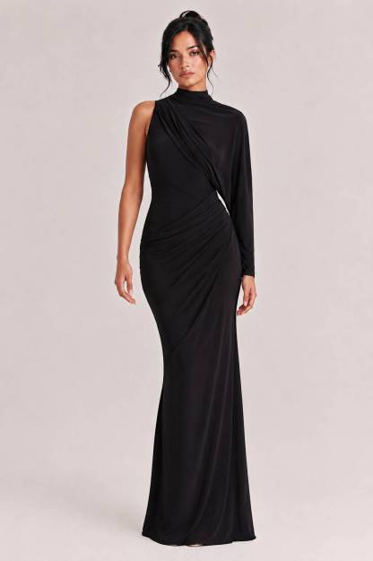 Elegant Asymmetrical One-Sleeve Draped Maxi Dress