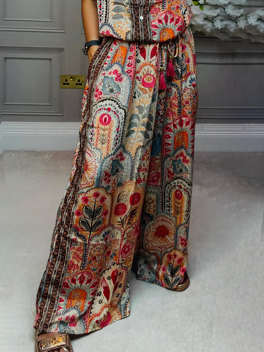 Boho Print Tassel Detail Casual Elastic Waist Pocket Wide-Leg Pants