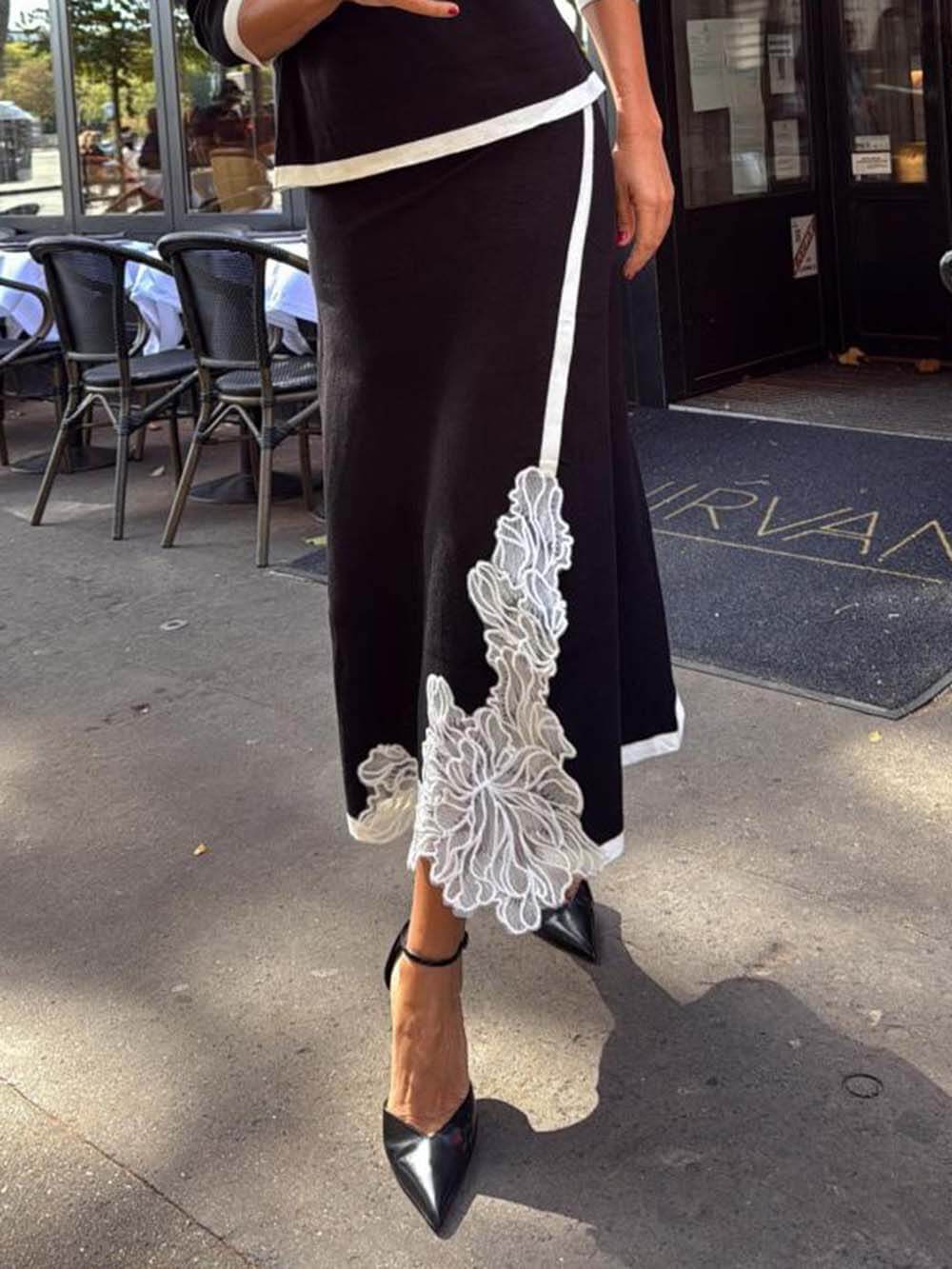 Classic Colorblock Lace Floral Midi Skirt