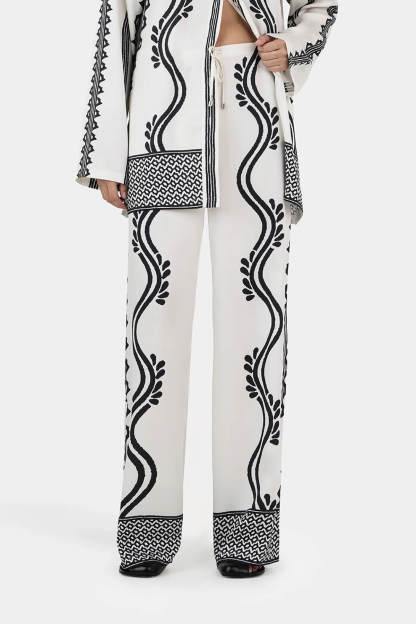 Retro Geometric Wave Print Loose Button-Down Shirt