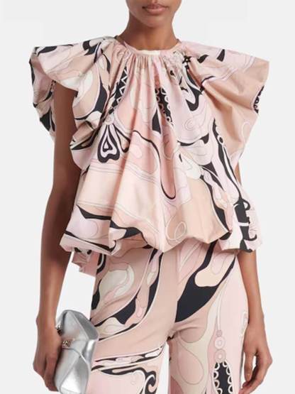 Exquisite Orchid Print Elastic Waist Straight-Leg Pants