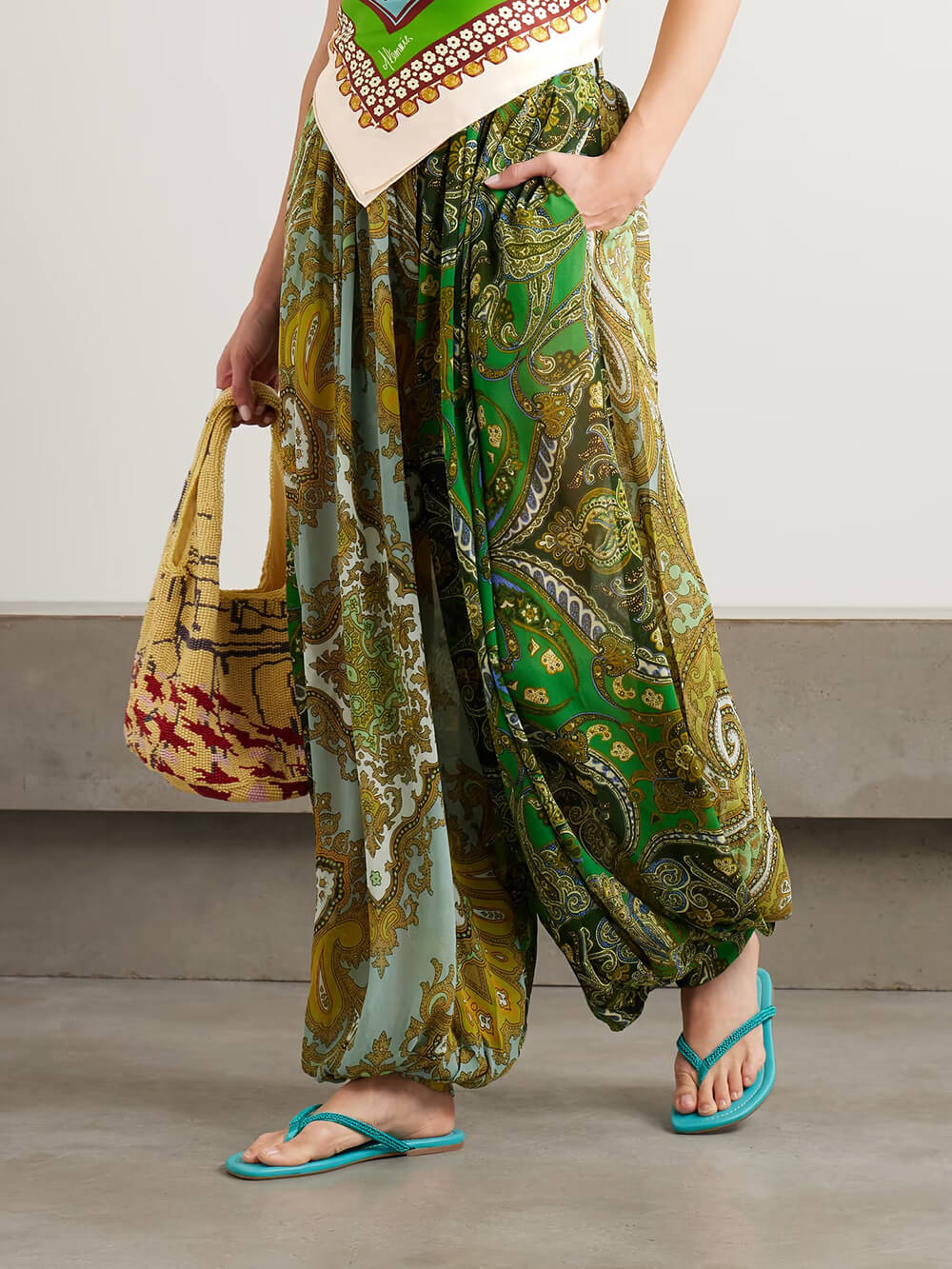 Casual Unique Floral Print Satin Elastic-Waist Lantern Pants