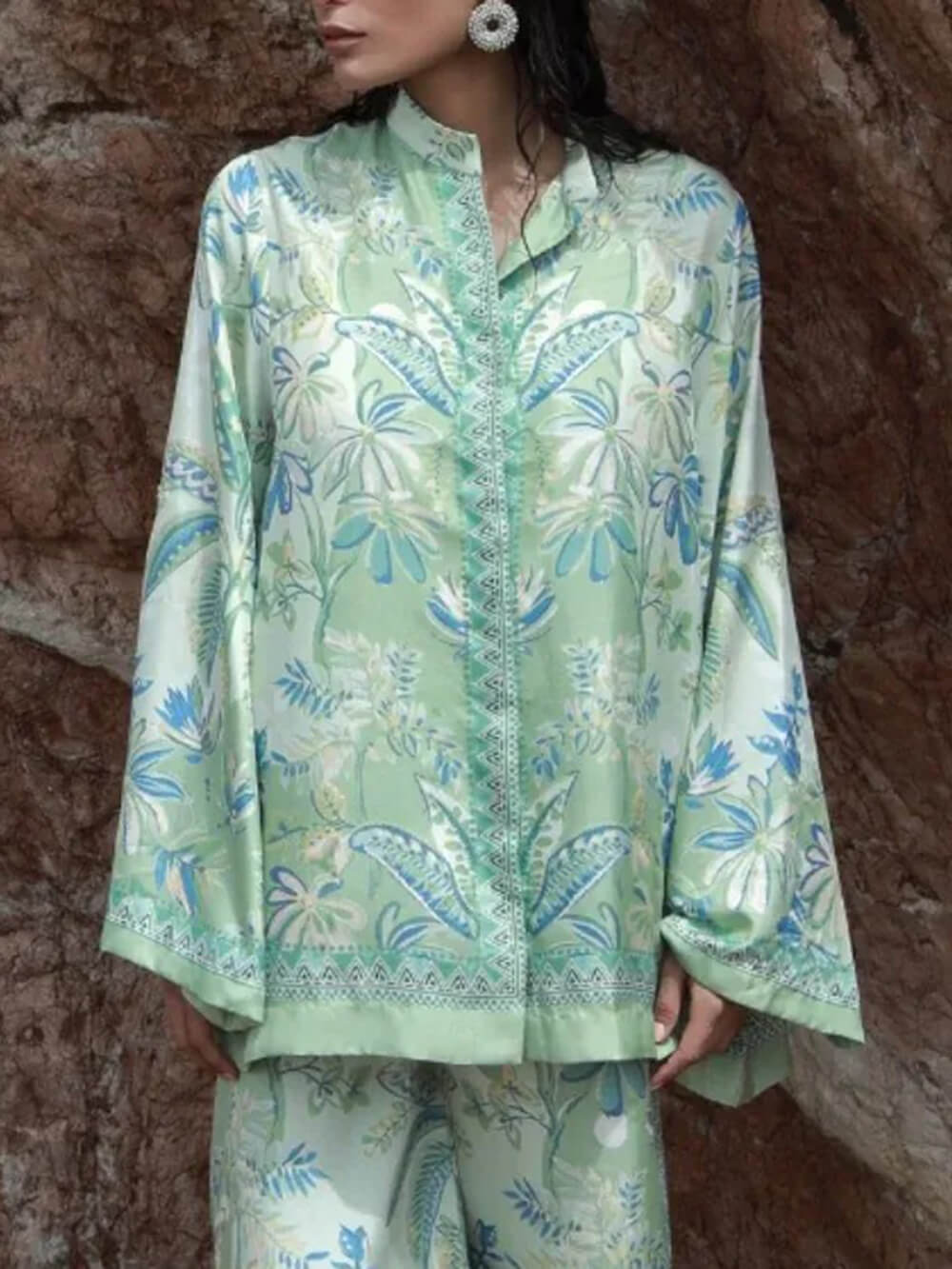 Fresh Bloom Flowy Floral Print Bell Sleeve Button-Up Shirt