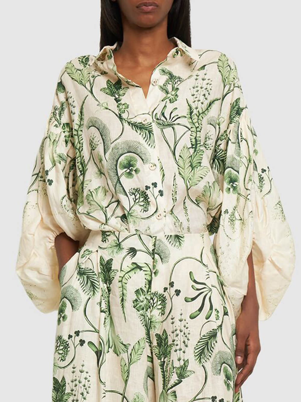 Unique Linen Floral Print Elastic Cuffs Button Down Oversized Shirt
