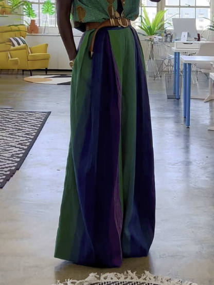 Retro Casual Crew Neck Colorblock Print Loose Top