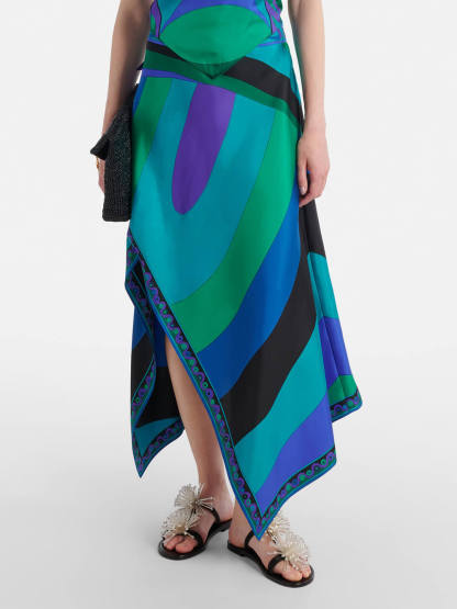 Retro Ssymmetric Satin Print Midi Skirt