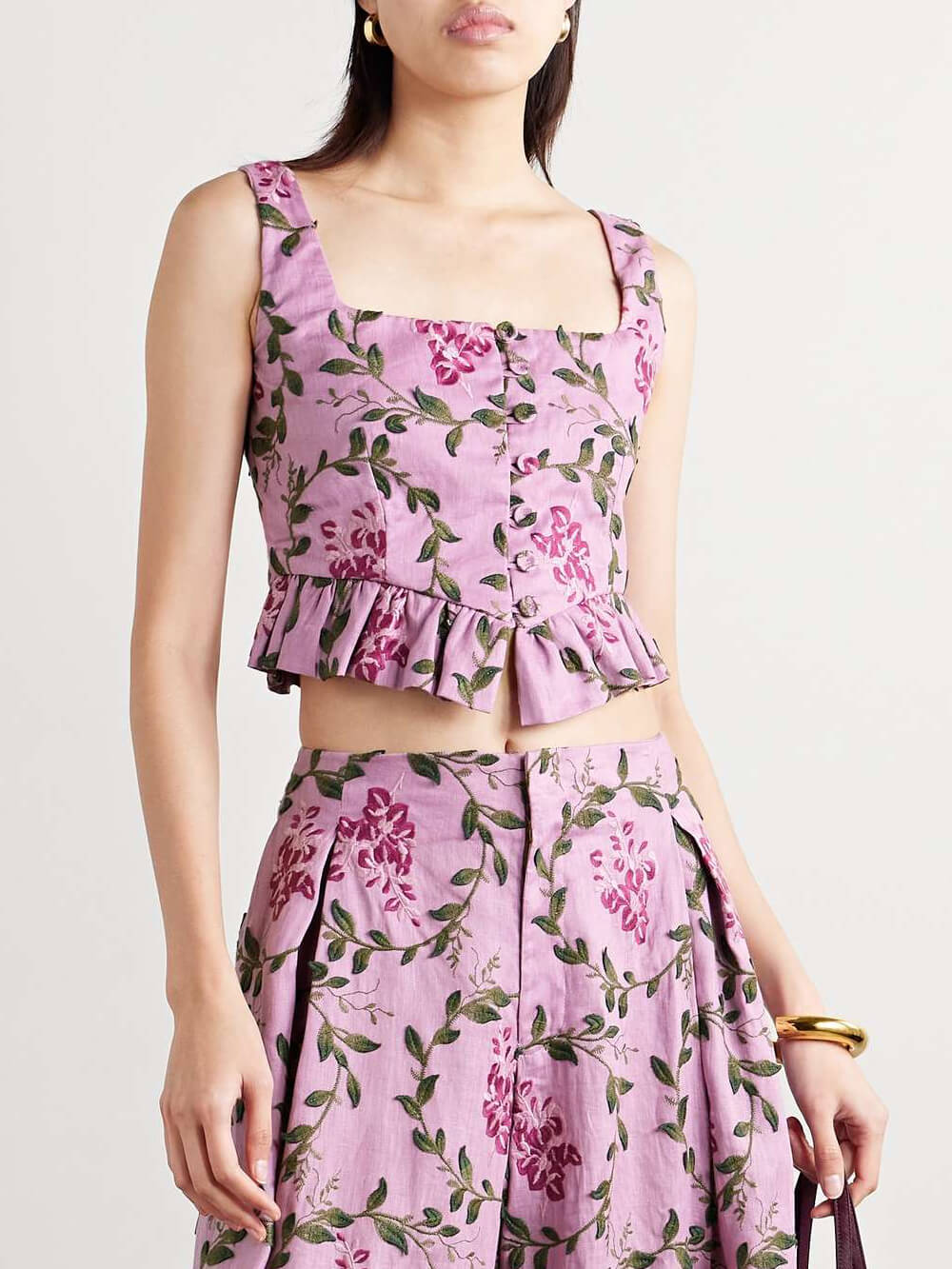 Classic Printed Linen Ruffle Crop Top