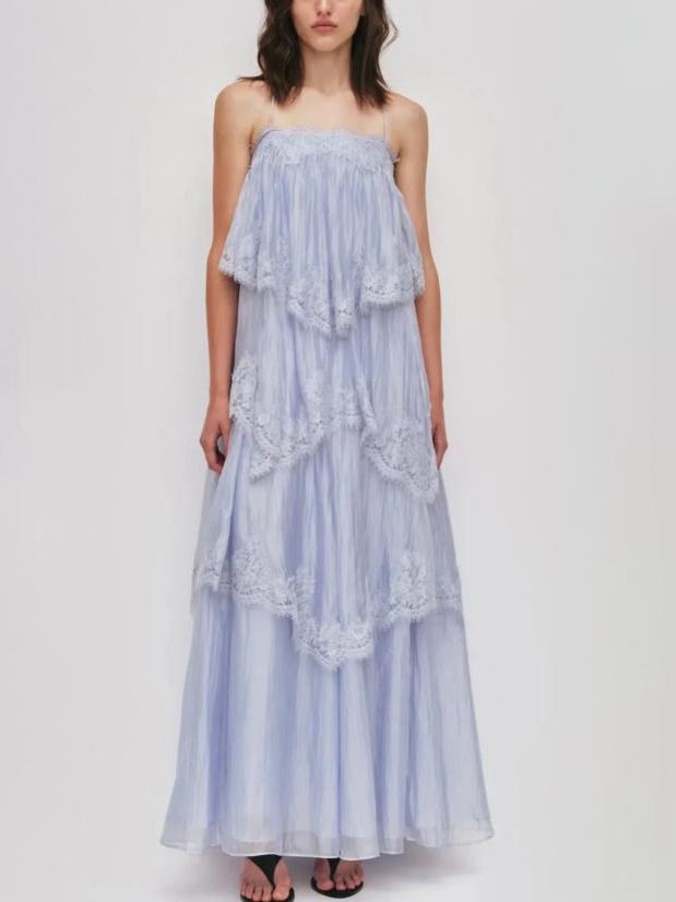 Elegant Layered Lace-Trim Spaghetti Strap Maxi Dress