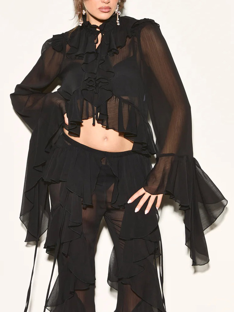 Fashionable Ruffled Long-Sleeved Chiffon Shirt