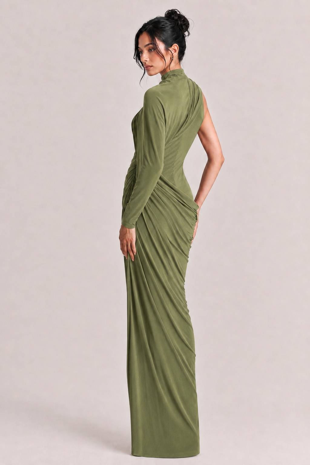 Elegant Asymmetrical One-Sleeve Draped Maxi Dress