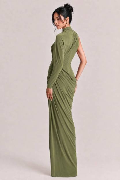 Elegant Asymmetrical One-Sleeve Draped Maxi Dress