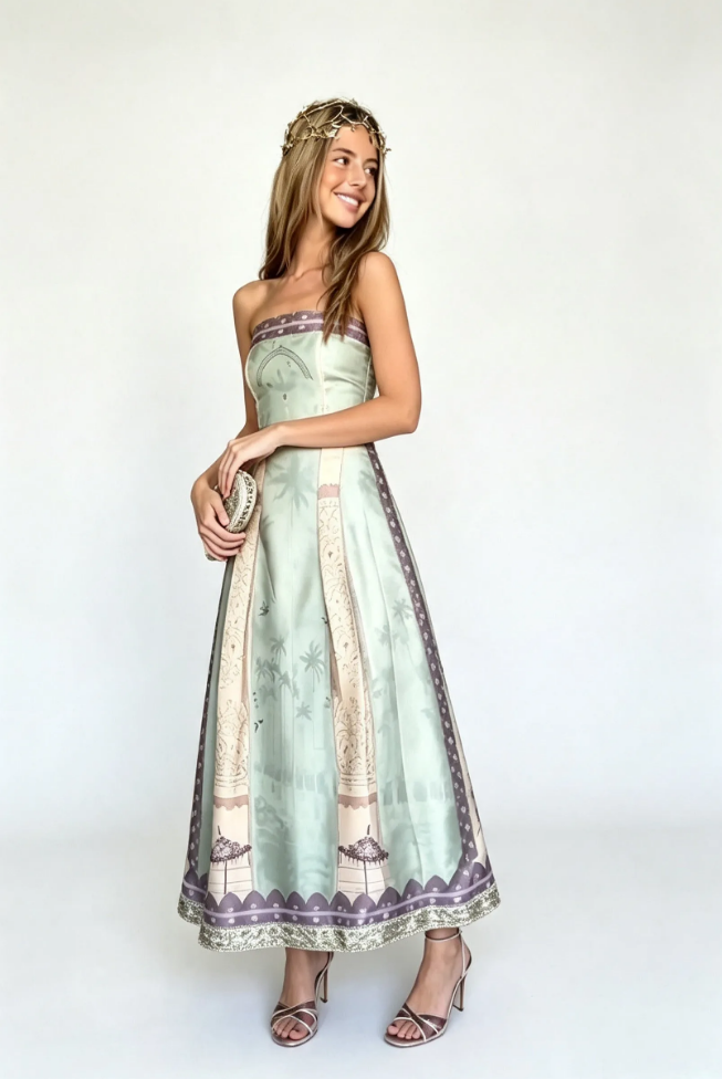 Women's Vintage Boho Strapless Maxi Dress - Sage Green & Purple Border Print Satin Summer Beach Dress