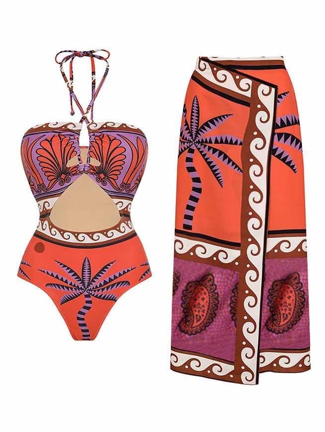 Unique Palm Tree Floral Strappy One-Piece Swimsuit